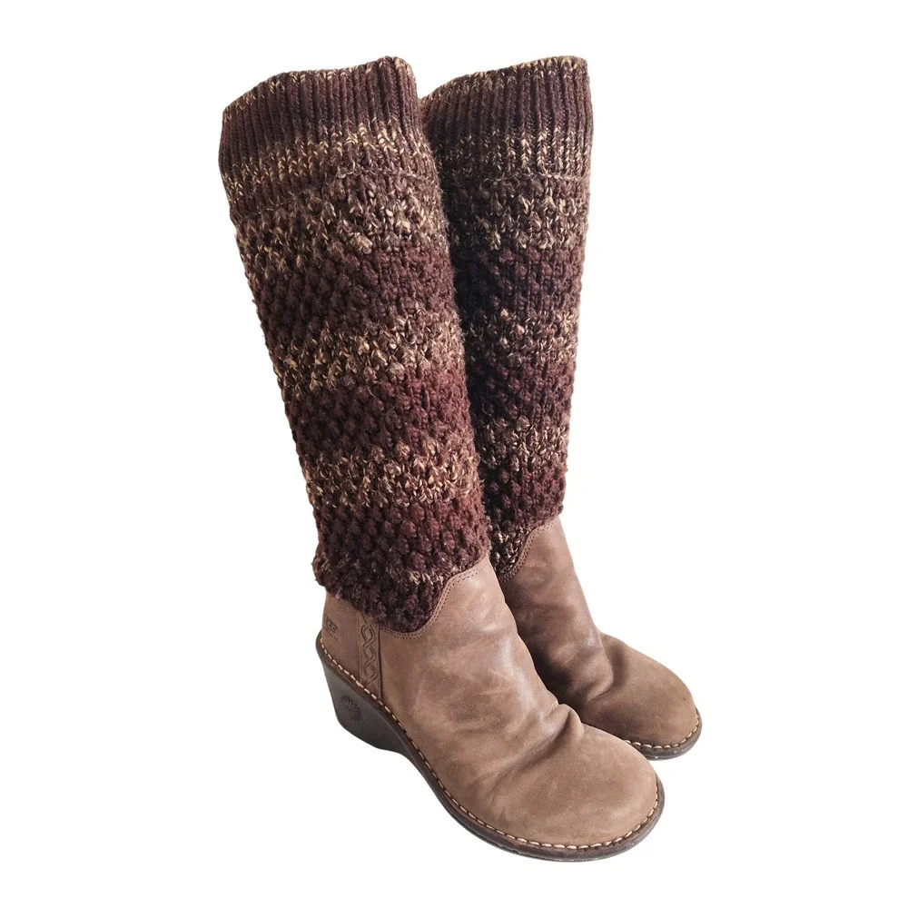 Ugg Boots Knee High Size 6 Cresthaven Knit Shaft Wedge Winter Brown Leather Boho - Picture 2 of 9